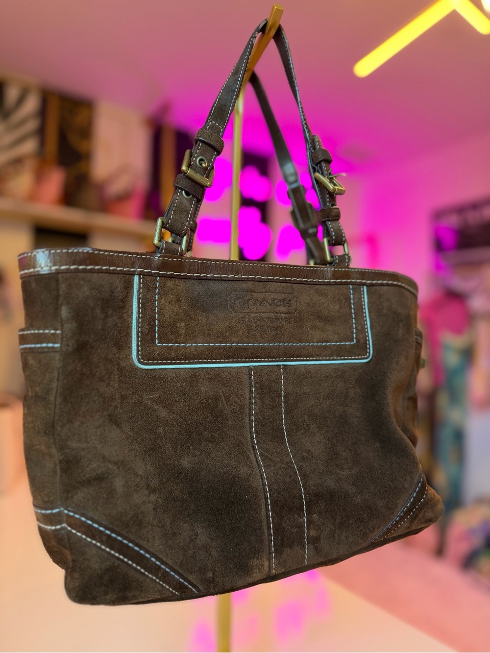 🤎 Vintage Coach Brown Suede Turnlock Tote Shoulder Bag Aqua Blue Lining Leather - Picture 5 of 17